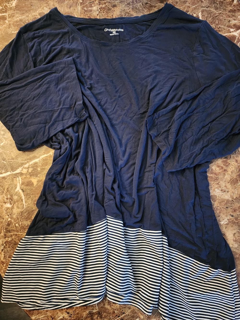 Navy Tee with Striped Hem